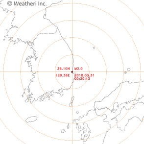 31일 오전 0시20분12초 경북 포항시 북구 북쪽 7㎞ 지역에서 규모 2.0의 지진이 일어났다 사진제공 = 기상청