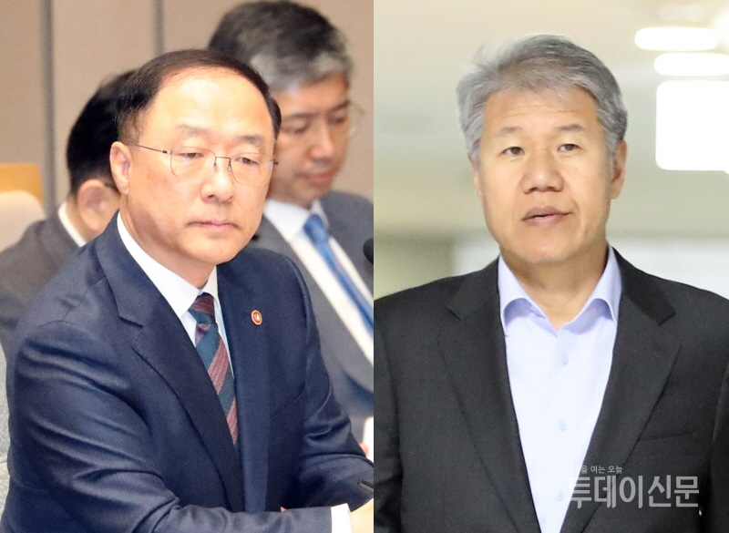 왼쪽부터 홍남기 신임 경제부총리 겸 기획재정부 장관, 김수현 청와대 정책실장 내정자 ⓒ뉴시스