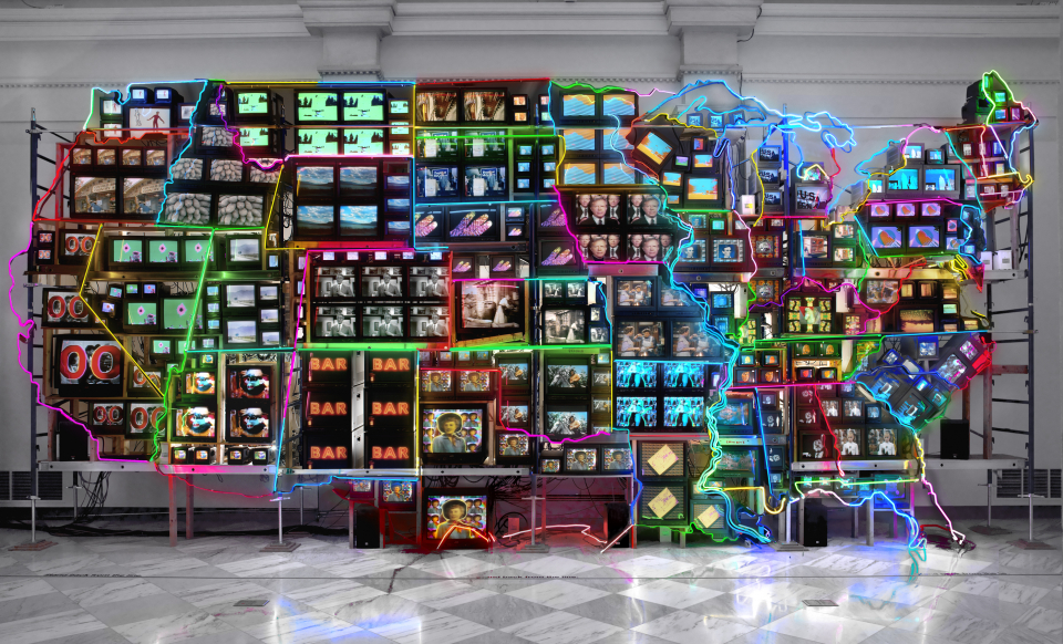 Nam June Paik, Electronic Superhighway: Continental U.S., Alaska, Hawaii, 1995, fifty-one channel video installation (including one closed-circuit television feed), custom electronics, neon lighting, steel and wood; color, sound, Smithsonian American Art Museum, Gift of the artist, 2002.23, © Nam June Paik Estate
