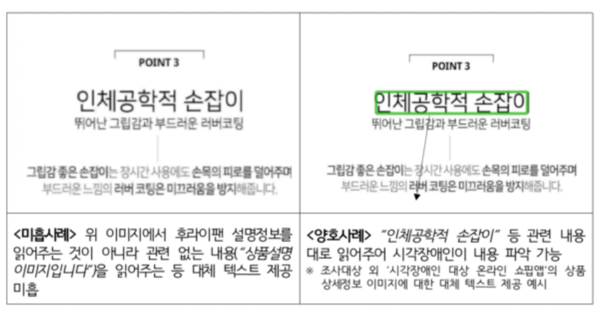 쇼핑 앱 내 상품상세정보 대체 텍스트 제공 사례ⓒ한국소비자원