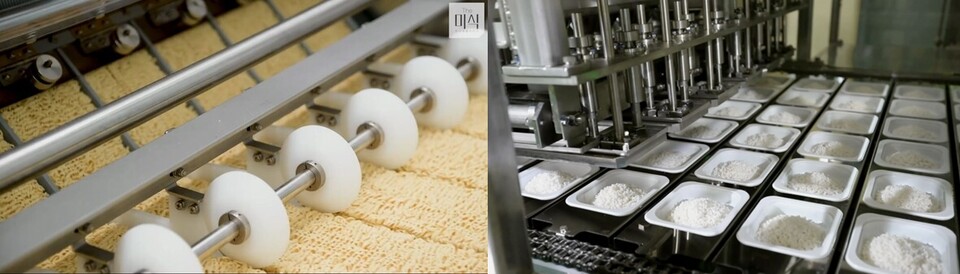 &nbsp;왼쪽부터 ‘Z-Nozzle 공법’으로 만들어지는 라면, 쌀과 물로만 지어지는 The 미식밥 제조과정 [사진 제공=하림]