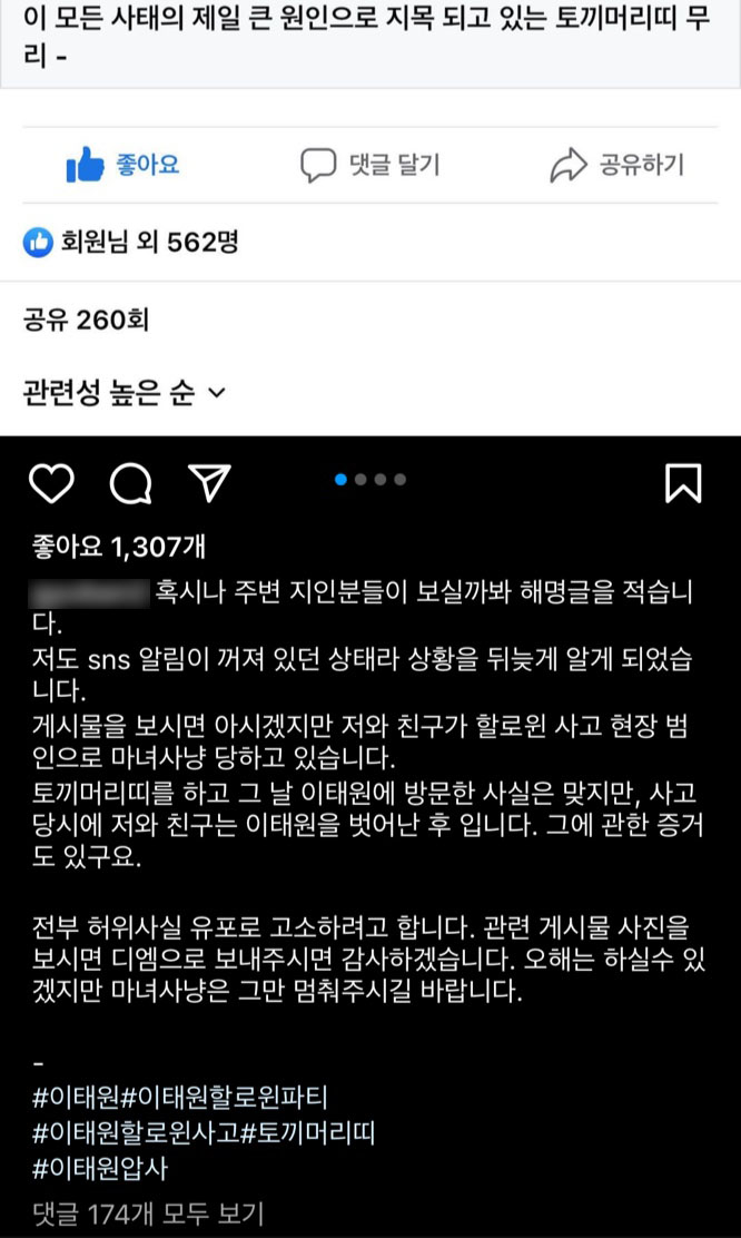 군중을 고의로 밀었다는 의혹을 받는 토끼 머리띠&nbsp; A씨의 호소 [사진출처=A씨 SNS 캡처]