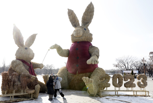 서울 월드컵공원에 전시된 8m 높이의 억새 토끼 [사진제공=뉴시스]<br>