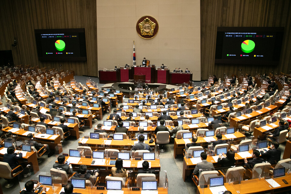지난해 1월 11일 오후 서울 여의도 국회 본회의에서 국가첨단산업 경쟁력 강화 및 보호특별법(반도체특별법)이 처리되고 있다. [사진제공=뉴시스]