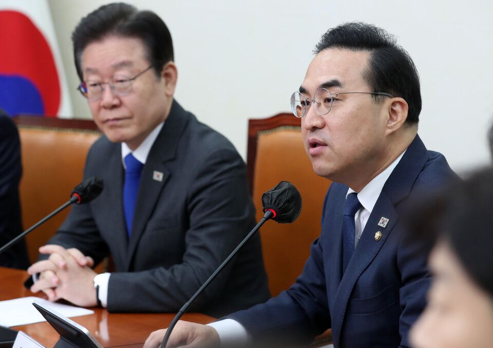 박홍근 더불어민주당 원내대표가 20일 오전 서울 여의도 국회에서 열린 최고위원회의에서 발언을 하고 있다. [사진제공=뉴시스]