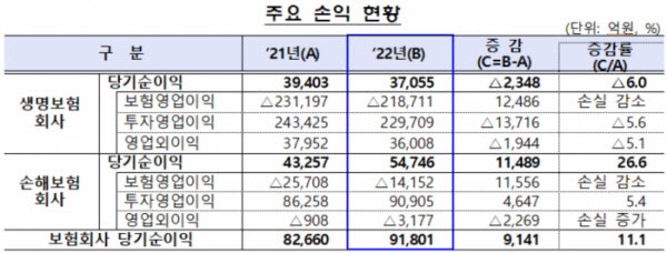 보험회사 지난해 주요 손익 현황. [자료제공=금융감독원]