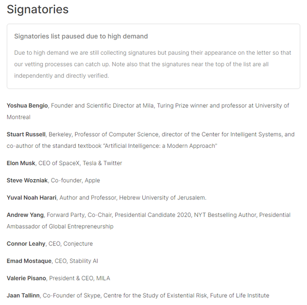 미국 비영리단체 미래생명연구소(FLI)의 공개성명 서명 리스트. 테슬라 일론 머스크 CEO를 비롯해 AI 관련 석학들의 이름을 확인할 수 있다. [자료 출처=FLI 웹페이지]