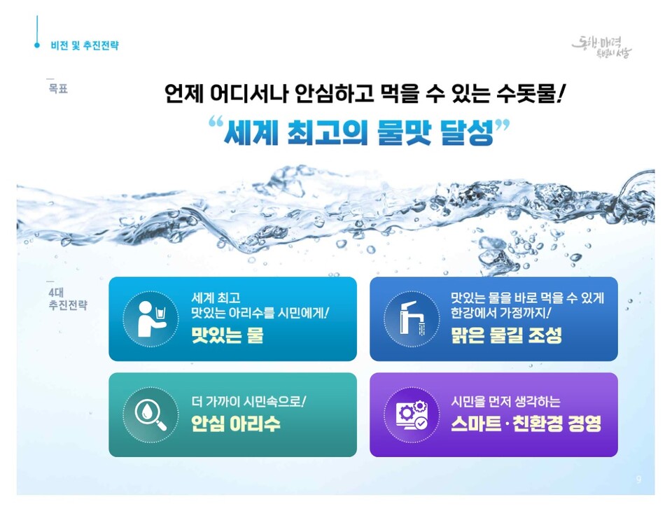 서울시는 29일 ‘아리수를 세계 최고의 맛있는 물로 만들겠다’는 ‘아리수 2.0’을 추진, 20개 핵심사업을 추진한다고 밝혔다. [사진제공=서울시]