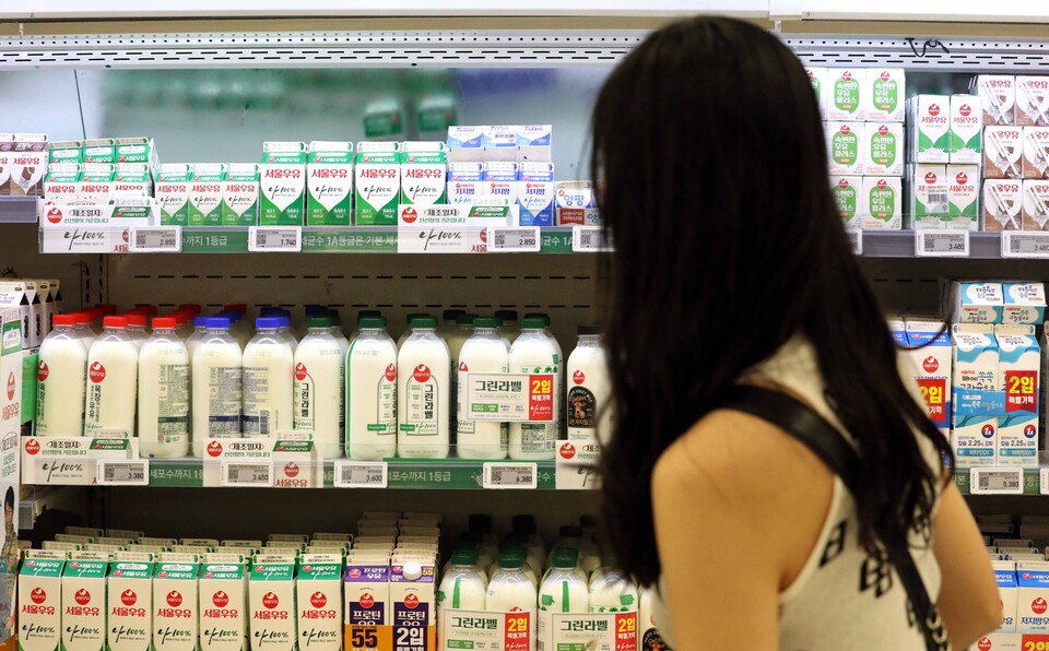 원유가격이 오는 10월부터 음용유(흰우유) 기준 리터당 88원 올라 1084원이 된다. 가공유는 리터당 87원 인상한 887원이 된다. 사진은 28일 서울 한 대형마트에 우유 등 유제품이 진열된 모습. [사진출처=뉴시스]