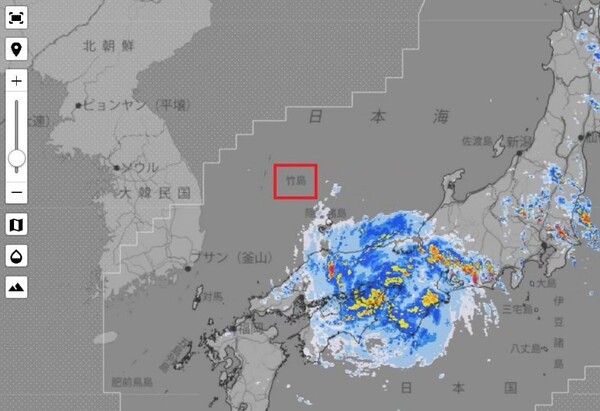 제7호 태풍 ‘란’이 상륙한 일본 기상청의 기상 지도. 독도가 ‘다케시마(竹島)’로 표기됐다. [자료제공=서경덕 교수]<br>