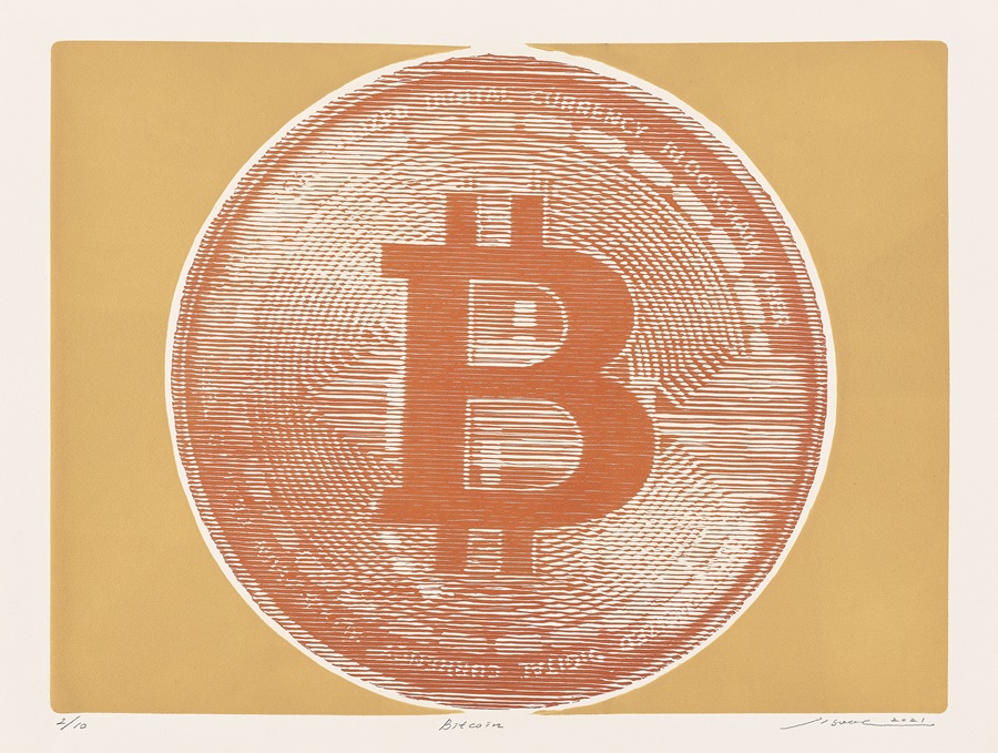 △ Bitcoin, 2021, 리놀륨컷과 금박, 45x60cm