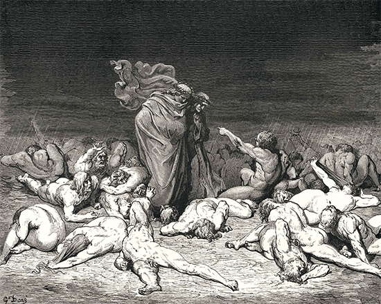 폭식 지옥 속에 있는 식탐의 죄인들이 단테를 발견하고 지면 위로 올라오고 있다. ‘치아코를 만나는 단테와 베르길리우스’, 귀스타브 도레(1832~1883).