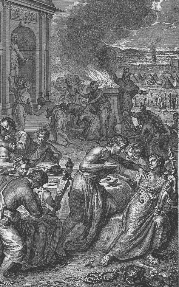 모압이 이스라엘을 죄로 이끌다. 제라드 호엣. 1728년. 성경에 등장하는 인물들(Figures de la Bible) 삽화. 이스라엘인들이 가나안에 들어서기 전 벨페고르를 숭배하는 모압의 제사에 참여하는 장면.