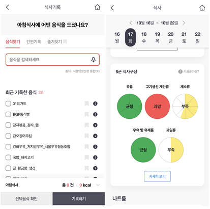 ‘The(더) 건강보험’&nbsp;앱 식사 기록 콘텐츠 예시 [자료제공=국민건강보험공단]