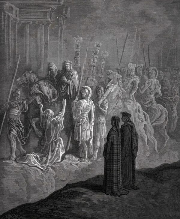 교만한 자의 영혼이 속죄하는 곳. 귀스타브 도레(1832~1883). 지옥을 지나 연옥에 들어선 단테가 교만을 상징하는 인물과 사건들의 조각상을 바라보는 모습.