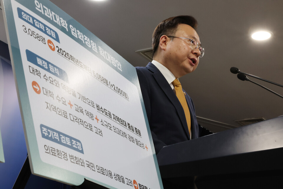 보건복지부 조규홍 장관이 6일 서울 종로구 의과대학 입학정원을 2000명 확대하겠다는 방안을 발표하고 있다. [사진제공=뉴시스]