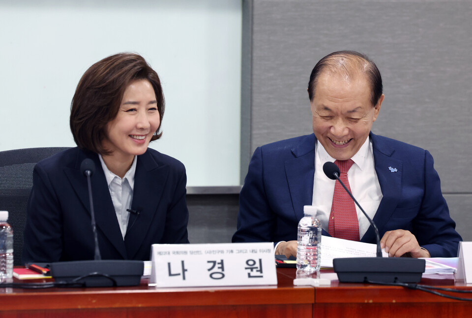 국민의힘 황우여 비상대책위원장과 나경원 의원이 지난달 16일 서울 여의도 국회 의원회관에서 열린 대한민국의 지속 가능한 내일을 위한 저출산과 연금개혁 세미나에서 대화를 하고 있다. [사진출처=뉴시스]