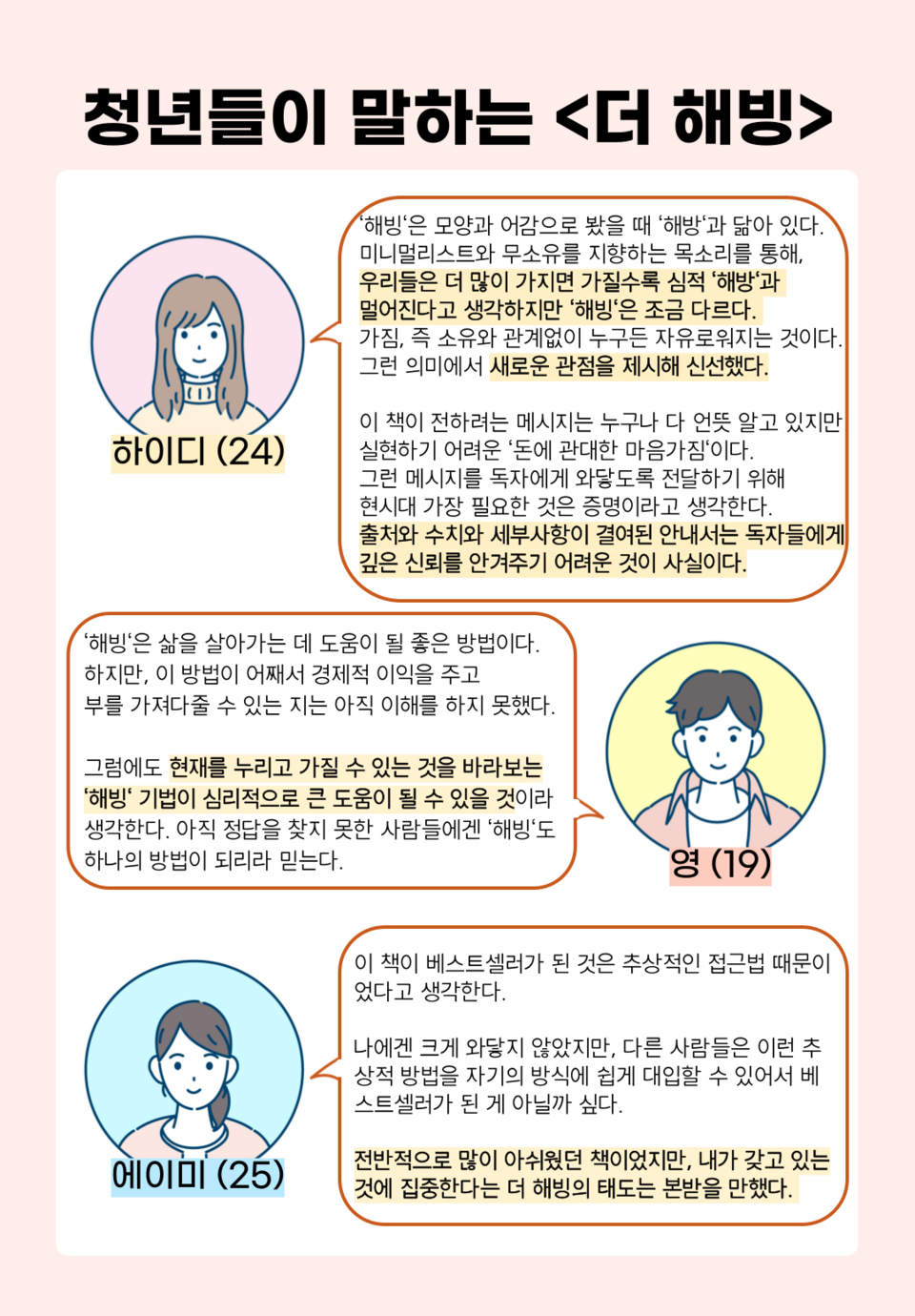 ‘더 해빙‘에 대한 하이디(24·여), 영(19·남), 에이미(25·여)의 감상. ⓒ투데이신문