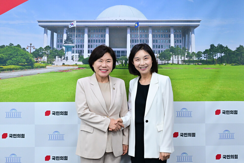 최호정 서울시의회 의장이 국회 행정안전위원회 국민의힘 간사인 조은희 의원을 만나 지방의회 발전 정책 등을 건의했다. [사진제공=서울시의회]