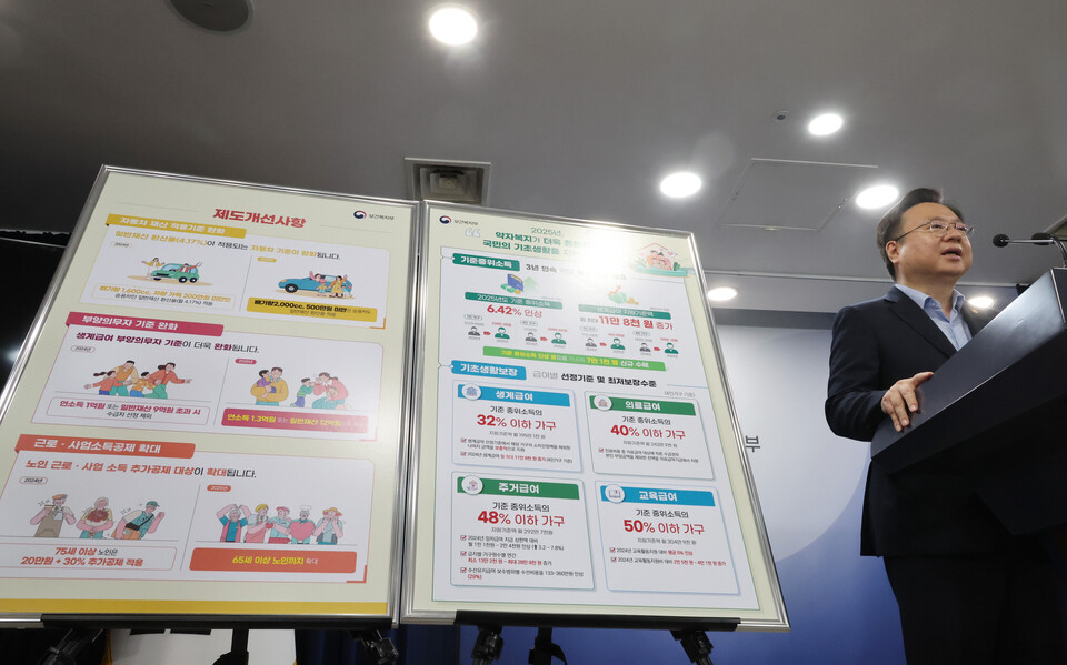 보건복지부 조규홍 장관이 25일 서울 종로구 정부서울청사에서 2025년 기준 ‘중위소득과 기초생활보장 급여별 선정기준 및 최저보장수준’에 대해 발표하고 있다. [사진제공=뉴시스]<br>