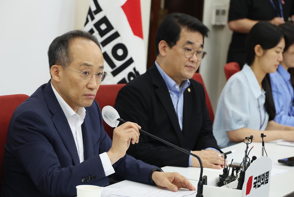 추경호 국민의힘 원내대표가 7일 오전 서울 여의도 국회에서 열린 현안 기자간담회에서 발언을 하고 있다. 추 원내대표는 민주당에 ‘8월 임시회 정쟁 휴전 선언’을 제안했다. [사진제공=뉴시스]