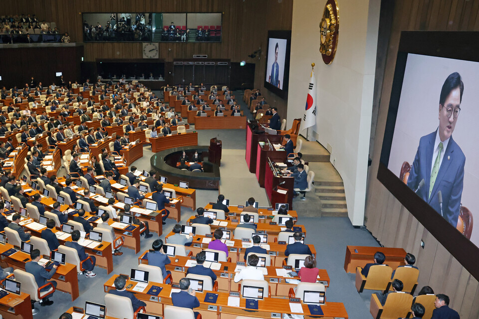 우원식 국회의장이 2일 오후 서울 여의도 국회에서 열린 제22대 국회 개원식 겸 제418회 국회(정기회) 개회식에서 개원사를 하고 있다. [사진제공=뉴시스]
