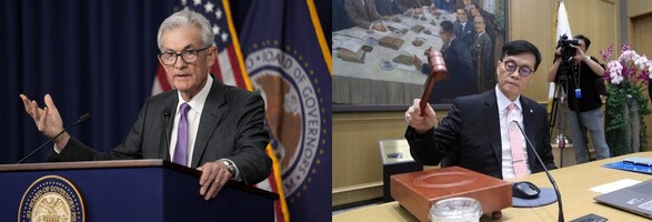 (왼쪽)연방준비제도 제롬 파월 의장 (오른쪽)한국은행 이창용 총재 [사진출처=뉴시스]