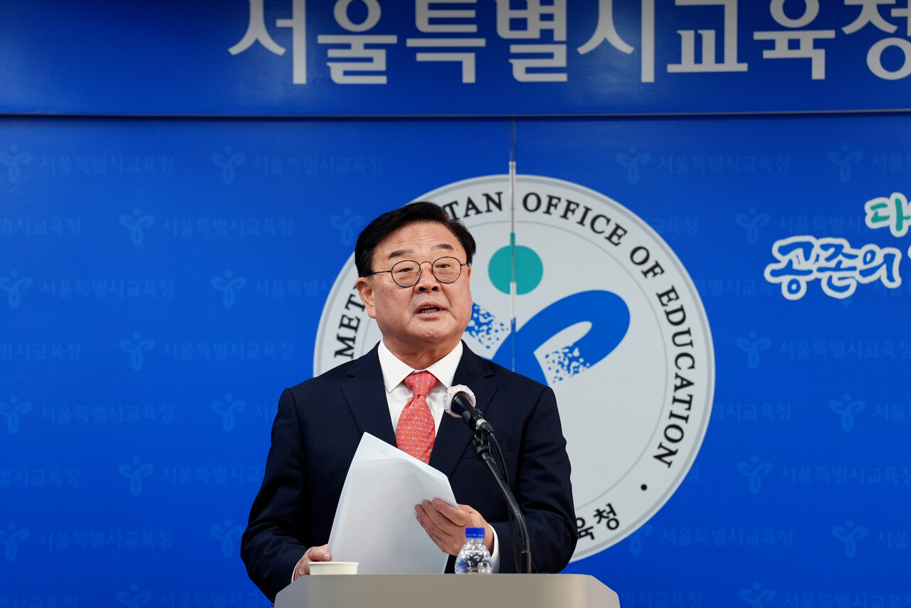 조전혁 서울시교육감 후보는 10일 서울교육청 출입기자 간담회를 열고 정견을 발표하고 있다. [사진제공=조전혁 후보 캠프]<br>