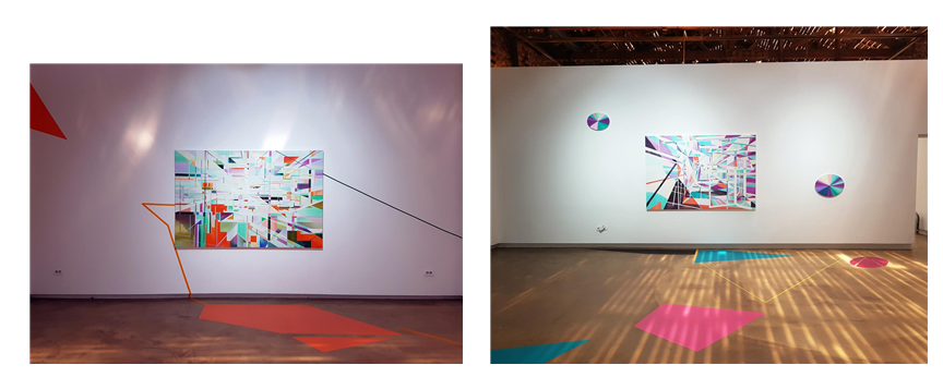 (왼쪽 작품)역설적 순간, oil on canvas,130.3×193.9 cm, 2016. invisible pieces, 공간에 시트지와 테이프, 가변 설치, 2018. &lt;invisible sight_보이지 않는 광경들&gt;, SeMA창고, 2018.&nbsp;<br><br>(오른쪽 작품)역설적 순간 2, oil on canvas, 130.3×193.9 cm, 2018.&nbsp;invisible pieces, 공간에 시트지와 테이프, 가변 설치, 2018.&nbsp;&lt;Invisible sight_보이지 않는 광경들&gt;, SeMA창고, 2018&nbsp;<br>