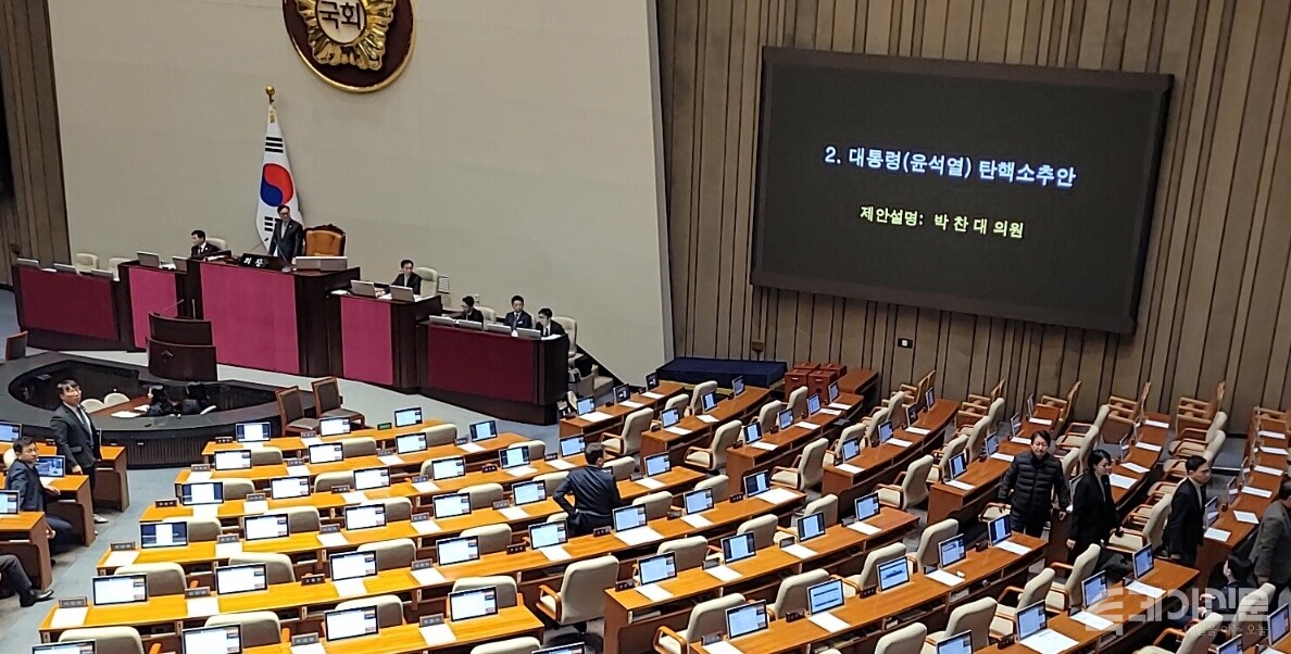 7일 오후 윤석열 대통령 탄핵소추안 표결을 앞두고 국회 본회의장에서 퇴장하는 국민의힘 의원들. ⓒ투데이신문