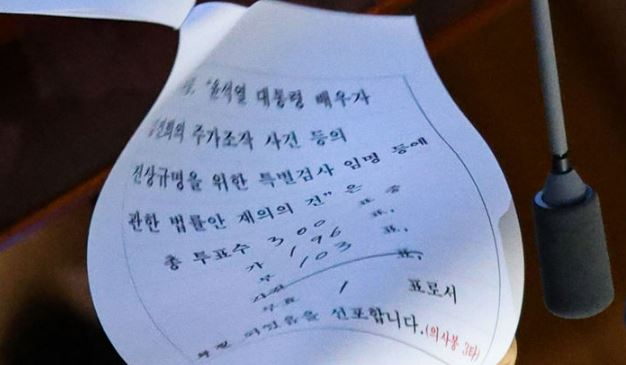 8일 오후 서울 여의도 국회에서 열린 제420회국회(임시회) 제4차 본회의에서 김건희 주가조작 사건 등의 진상규명을 위한 특별검사 임명 등에 관한 법률안 재의의 건이 부결되고 있다.&nbsp;[사진출처=뉴시스]<br>