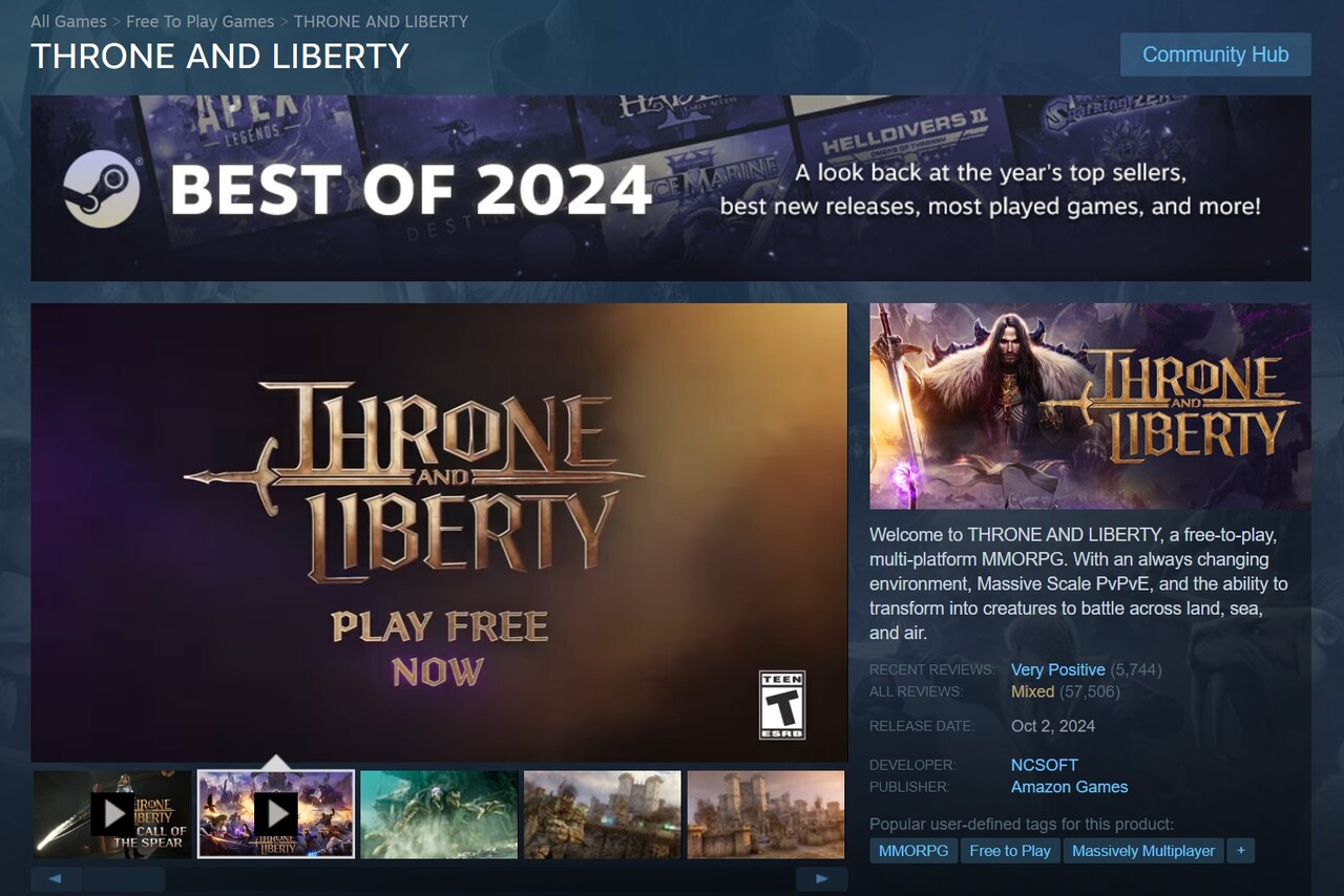 스팀 ‘베스트 오브 2024’ 3개 부문에서 ‘골드’ 등급으로 선정된 엔씨 ‘TL’ [사진제공=엔씨소프트]