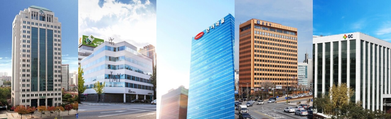 왼쪽부터 유한양행, 대웅제약, 한미약품, 종근당, GC녹십자 본사 전경. [사진=각사]