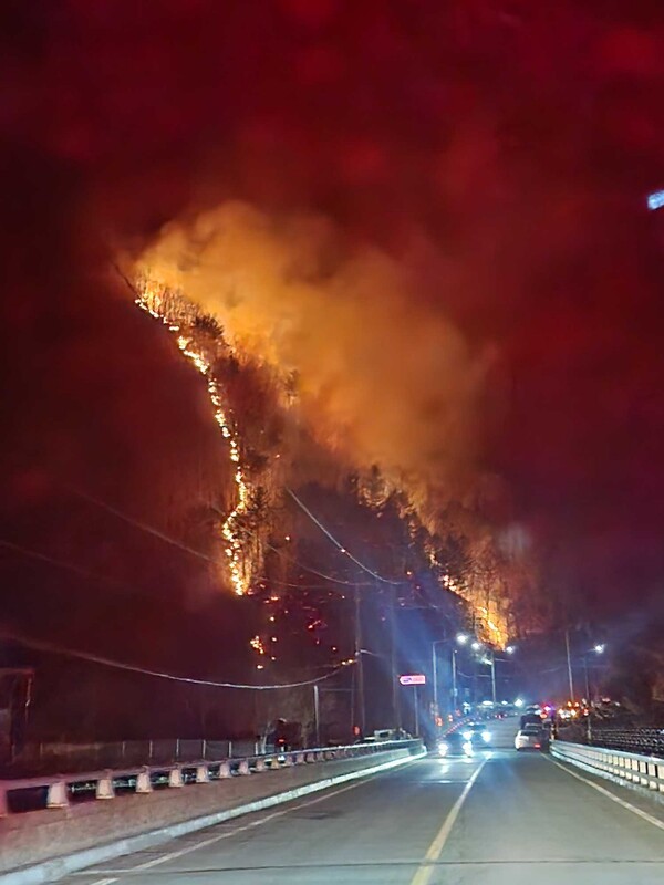 지난 21일 오후 강원 정선군 여량면의 한 야산에서 불길이 솟아오르고 있다. [사진제공=뉴시스]