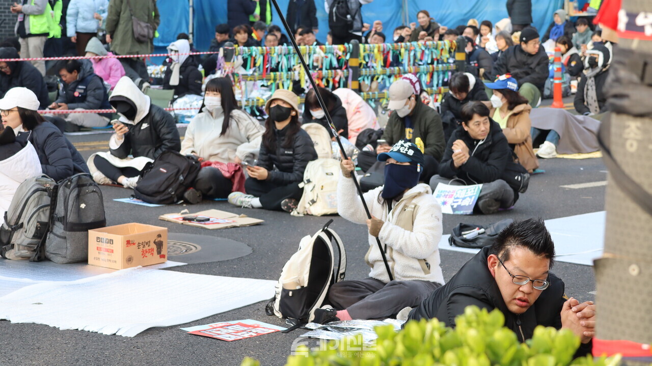4일 안국역 6번 출구 인근에서 열린 탄핵 찬성 집회에서 바둑이(가명·23)가 제작한 깃발을 흔들고 있다. ⓒ투데이신문