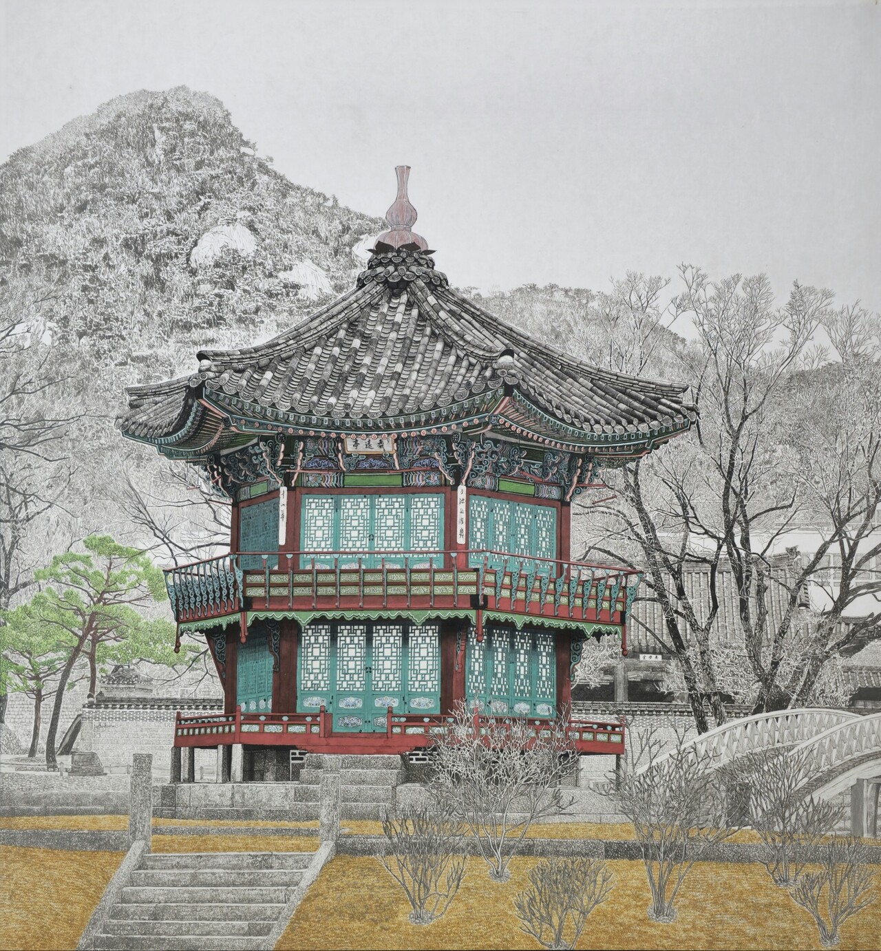 경복궁 향원정, 2023,&nbsp;162cmx130cm, 화선지. 수묵담채 ⓒ안중갑<br>