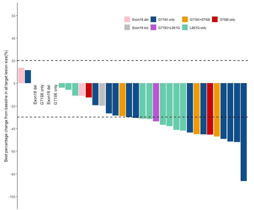 변이 유형별 종양 감소 비율. 가장 많은 감소를 보인 환자 변이는 G719X 단일 변이였다. [자료=세브란스병원]