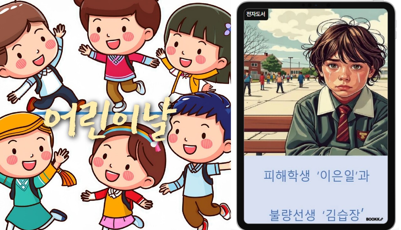 좌= 앨범 어린이날, 우= 도서 ‘피해학생 이은일과 불량선생 김습장’ [사진제공=본인]<br>