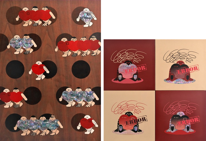 (좌) &lt;ME&amp;WE&gt;, 2024, 목재 위에 옻칠 실크스크린, 자개, 594x841m<br>(우) &lt;ERROR&gt;, 2024, 목재 위에 옻칠 실크스크린, 자개, 636x636mm