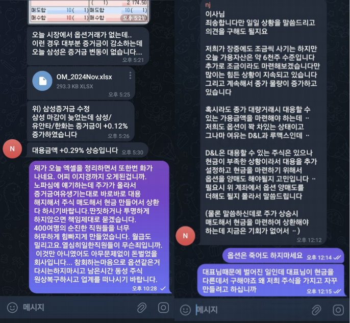 브랜드리팩터링 측이 주가조작 제기에 나 대표 측이 반박하며 낸 텔레그램방 대화방 사진. [사진=나원균 대표 관계자]