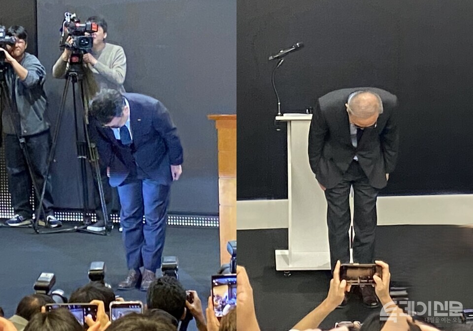 지난 4월 SK텔레콤 유영상 대표와 이달 11일 KT 김영섭 대표가 각각 보안 사고에 대해 고개 숙여 사과를 하고 있다. ⓒ투데이신문