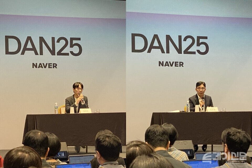 네이버 김범준 최고운영책임자(왼쪽)와 네이버클라우드 김유원 대표가 6일 진행된 네이버 통합 컨퍼런스 ‘단25(DAN25)’ 기자간담회에서 질의에 답변하고 있다. ⓒ투데이신문