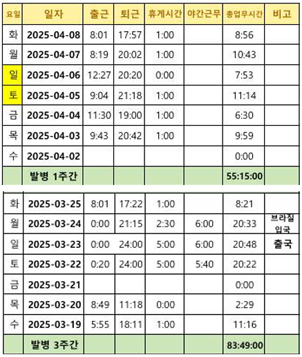 지난 4월 과로로 숨진 홍상민씨의 근로시간 산정표. 주 평균 57시간이 넘는 장시간 노동과 32시간에 달하는 비행 시간이 더해져 주80시간이 넘는 총 업무시간이 기록돼 있다. [사진제공=유족]